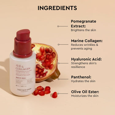 The Face Shop Pomegranate & Collagen Face Serum With 10% Marine Collagen & Hyaluronic Acid | Has Collagen to smooth wrinkles & Hyaluronic Acid for Intense Hydration |All in One Korean Face Serum, 30Ml